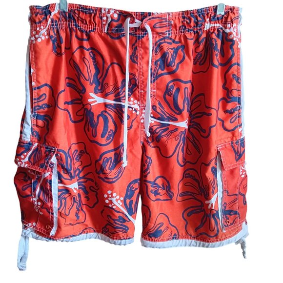 Large Vtg Y2K No Boundaries Mens Hawaiian Floral Cargo Swim Trunks Drawstring - Picture 1 of 6